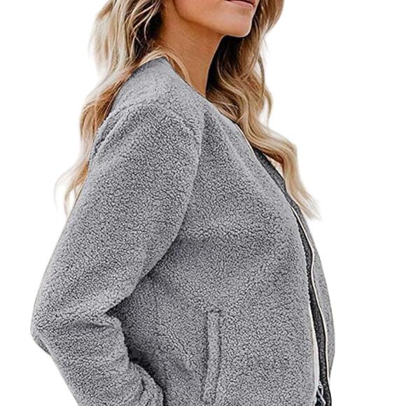 MIROL Women's Light Grey Sherpa Fleece Jacket Fuzzy Casual Zip Up Bomber Coat, L - Picture 5 of 8
